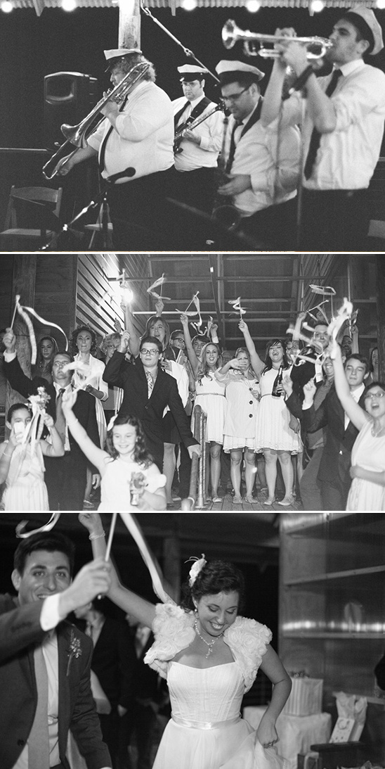 Black and white wedding with band and dancing guests