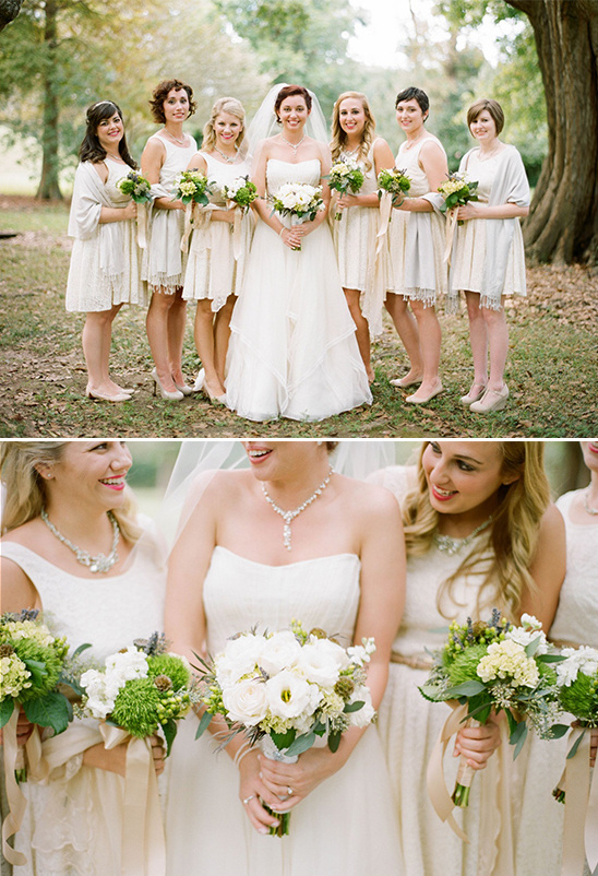 Bride and bridesmaids in ivory dresses, holding bouquets