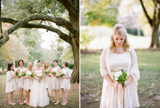Bride and bridesmaids in cream dresses, outdoor wedding