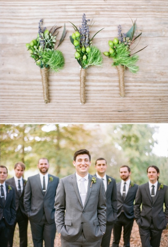 Groom and groomsmen boutonnieres: rustic greenery wedding flowers