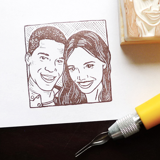 Smiling couple portrait stamp art, hand carved and ready to use
