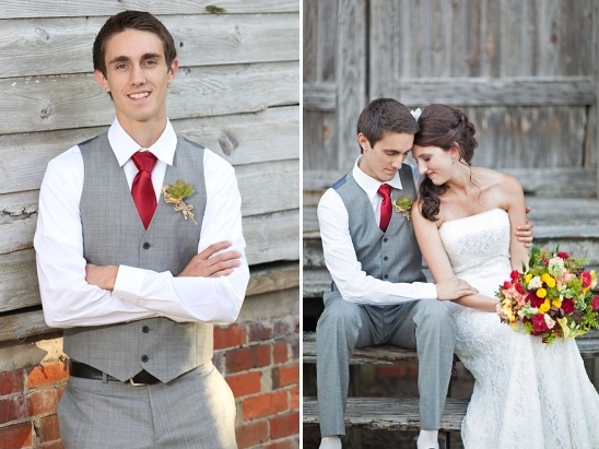 grey vest and pants and a red tie groom look