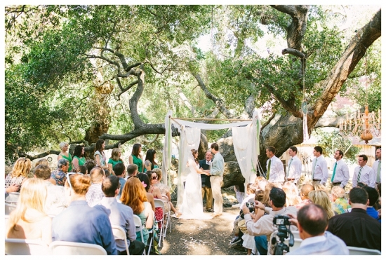 Outdoor wedding ceremony with bride and groom under a tree