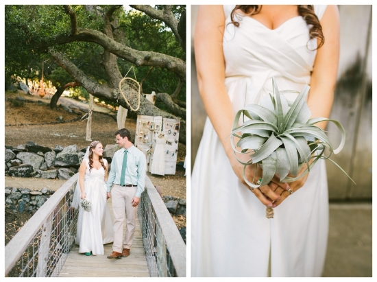 Bride and groom walking on a bridge with a unique bouquet