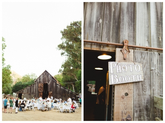 Rustic barn wedding reception with photo booth entrance