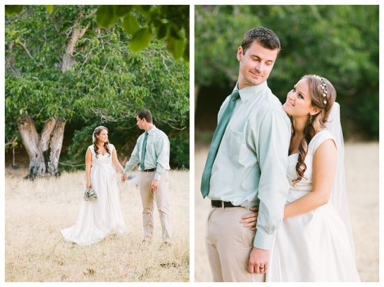 Couple embrace during a romantic outdoor wedding ceremony in nature