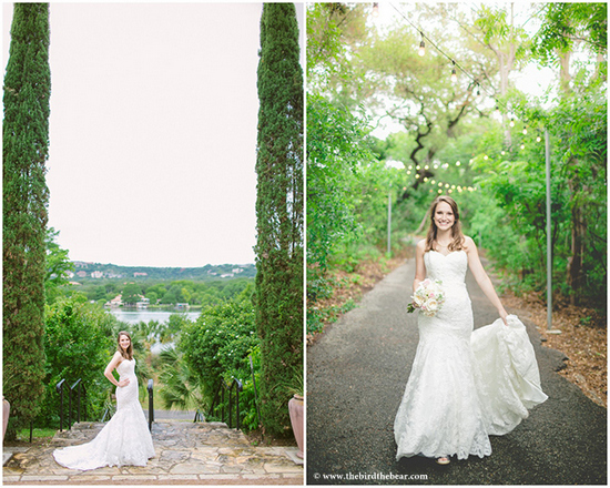 Bride in wedding dress walking in a beautiful outdoor setting