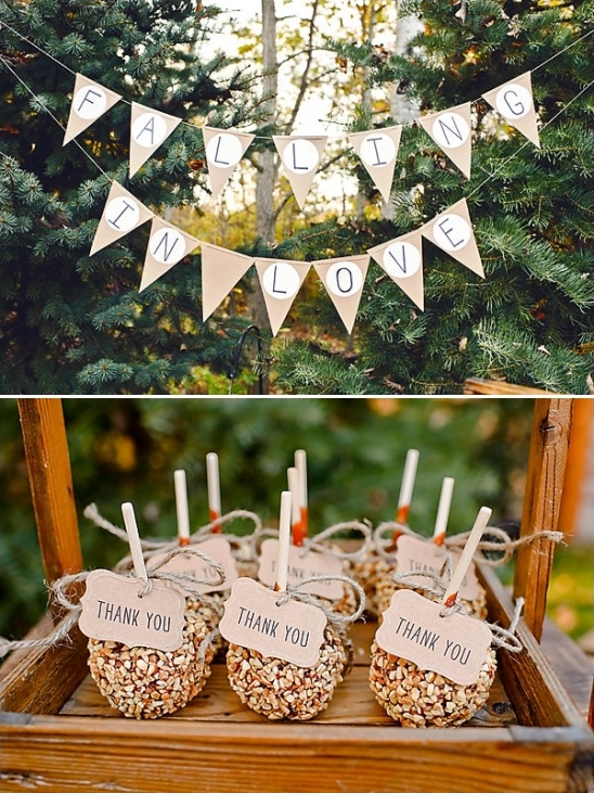 burlap falling in love banner and carmel apple thank you gifts
