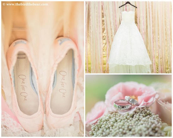 Wedding details: shoes, gown and rings arranged for photos