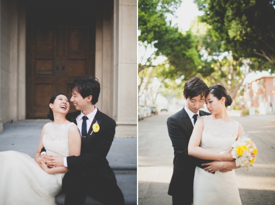 Happy Asian couple in wedding attire, outdoor portraits