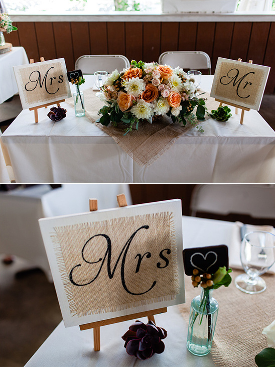 mr and mrs signs at the sweetheart table