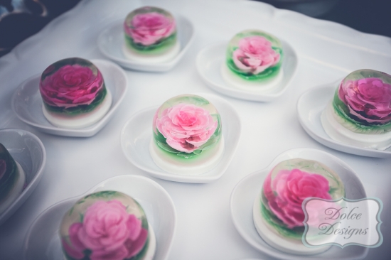 Delicious floral jelly desserts on heart-shaped plates, perfect for a treat