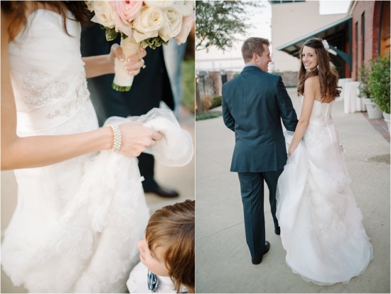 Bride and groom walking away with a wedding bouquet and a little boy
