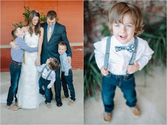 Family portrait of parents and adorable children in wedding outfits