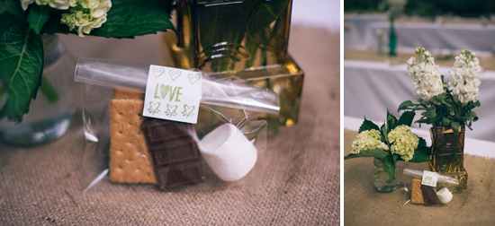 Smore favors with Love tag alongside floral wedding table decor