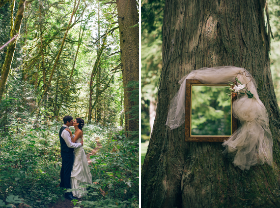 Romantic forest wedding with a mirror on a tree and kissing couple