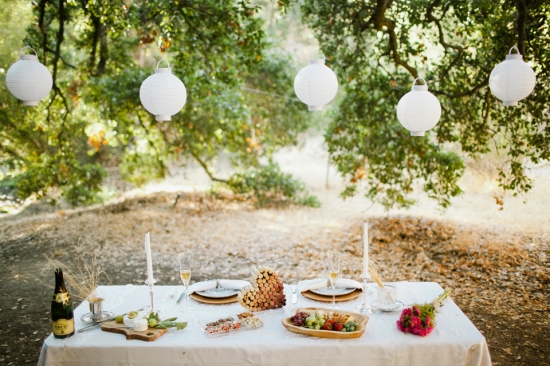 Romantic outdoor picnic with paper lanterns and a decorated table