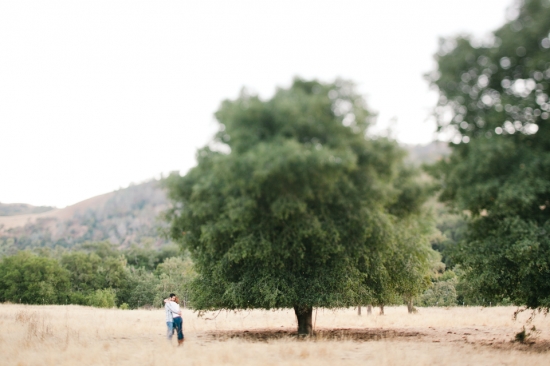 Couple embracing under a tree in a field with a scenic background
