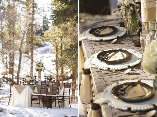Elegant outdoor wedding reception table setting in snowy forest
