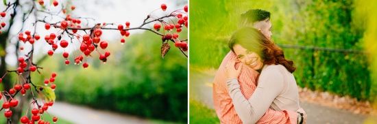 Branch with red berries and a couple embracing on a green background