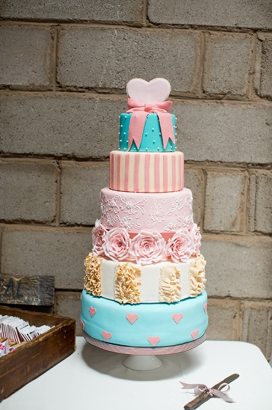bright pink and blue wedding cake