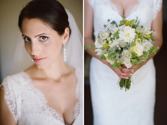 Bride in lace wedding dress holding a lovely bouquet