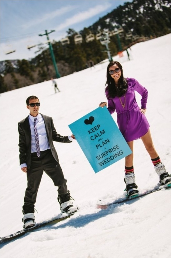 keep calm for your snowbaording engagement shoot