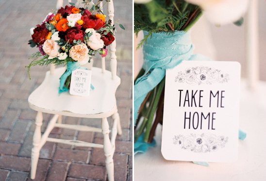 Wedding bouquet with Take Me Home tag