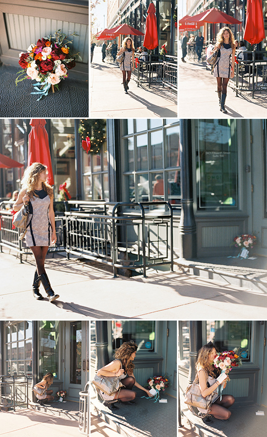 Woman placing floral bouquet outside cafe