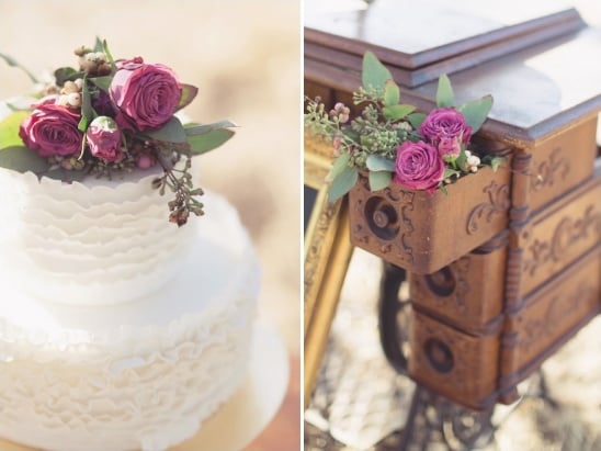 purple rose topped wedding cake