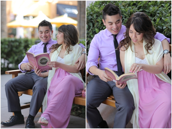 Couple reading a book together on a bench, smiling and enjoying the moment
