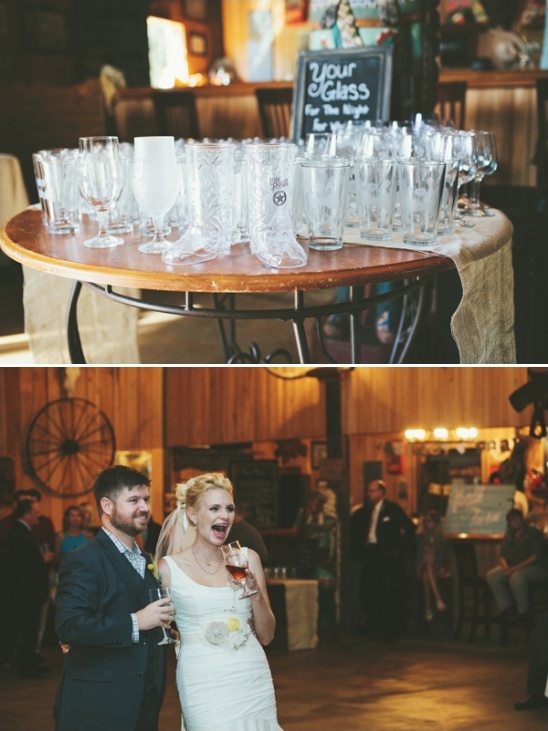 Wedding reception scene with glasses and happy couple cheers