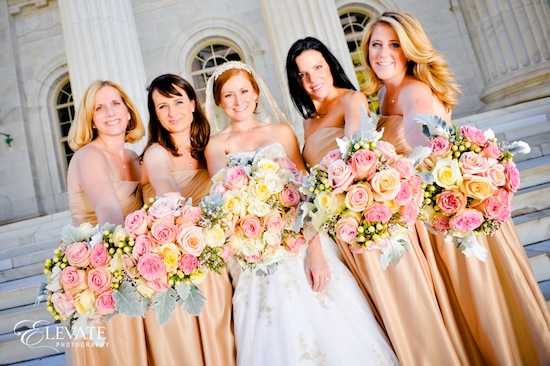 Wedding party with beautiful floral bouquets