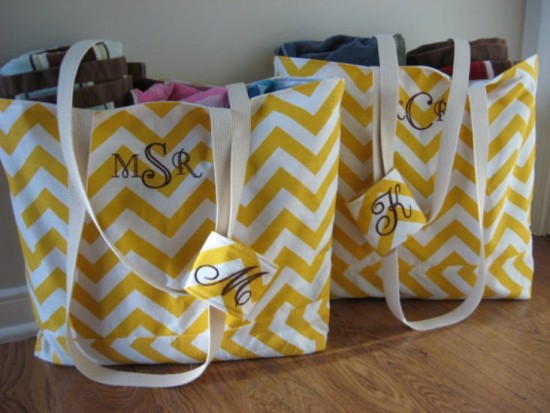Monogrammed yellow chevron tote bags