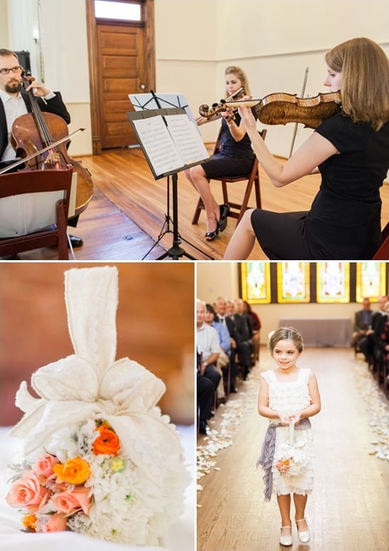 live ceremony music and hanging flower girl bouquet