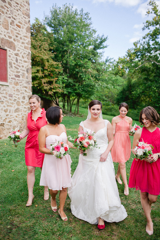 peach pink and coral bridesmaids dresses