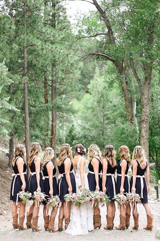 navy blue bridesmaid dresses with pink ribbons