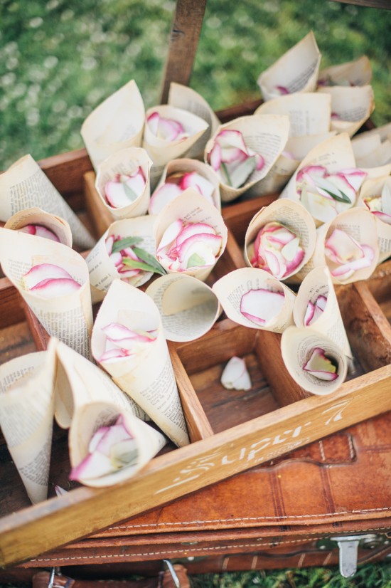 Rose petals in paper cones for wedding