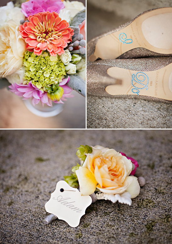 I do bedazzled wedding shoes and bright wedding flowers