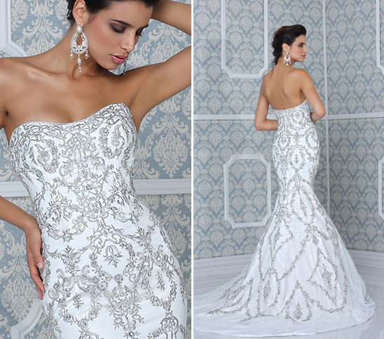 strapless wedding dress with detailed silver embroidery