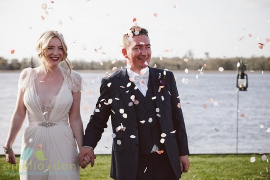 Happy couple wedding confetti  celebration