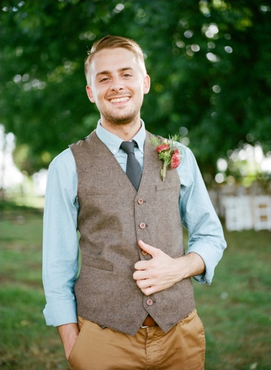 chambray shirt vest and tie for the groom