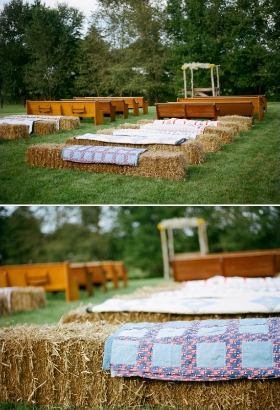 Wedding Seating ideas: Mix church pews & haybarrels blankets