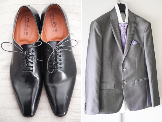 Black dress shoes and gray suit