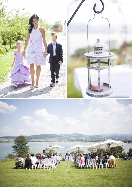 Outdoor wedding ceremony with lake views and family