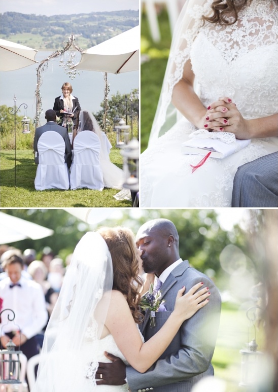 Outdoor wedding ceremony and first kiss closeup