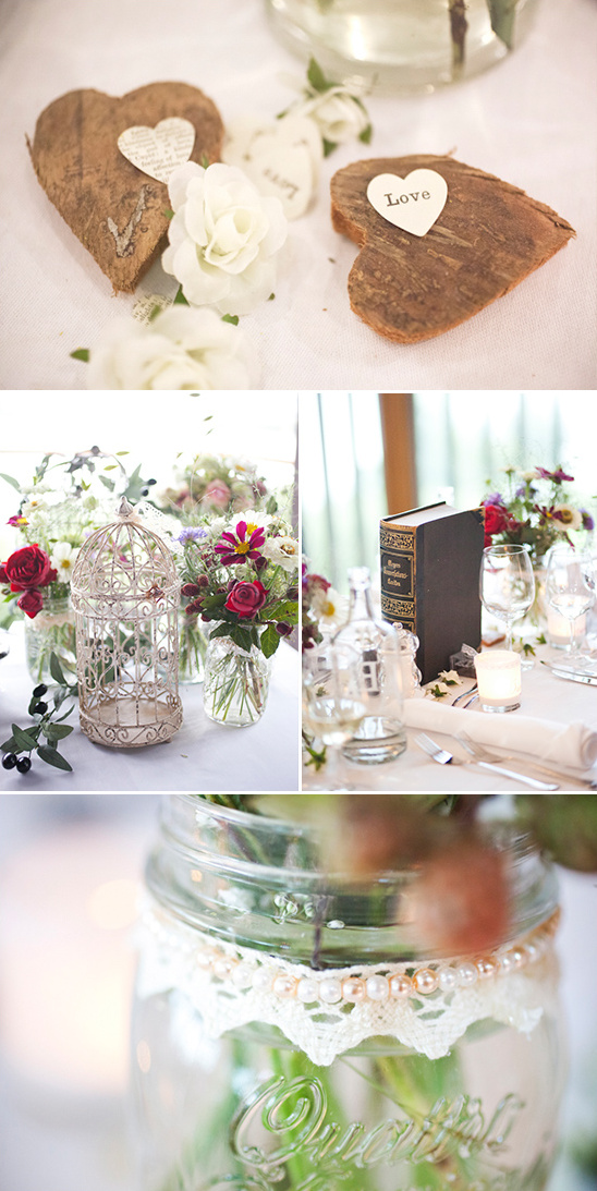 wooden heart table decor and lace accented mason jar vases