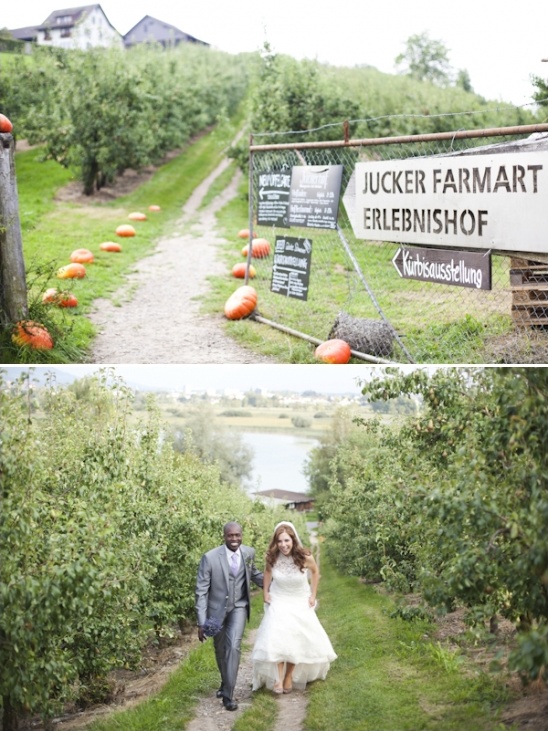 Couple walks farm path wedding