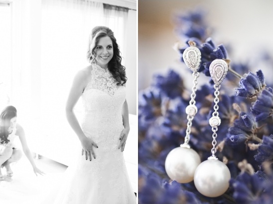 Bride in wedding dress with pearl earrings