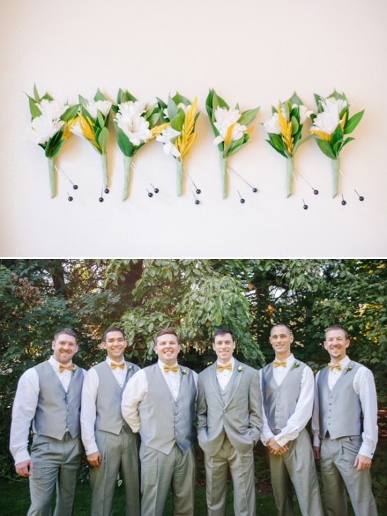yellow bow tie groomsmen in grey suits